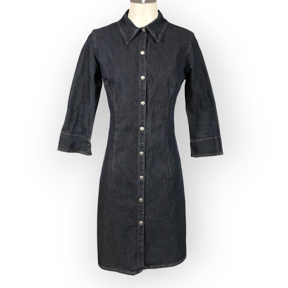 Vintage Benetton Dress (M) Denim Snap-Front Fitted Knee-Length Stretch Italy